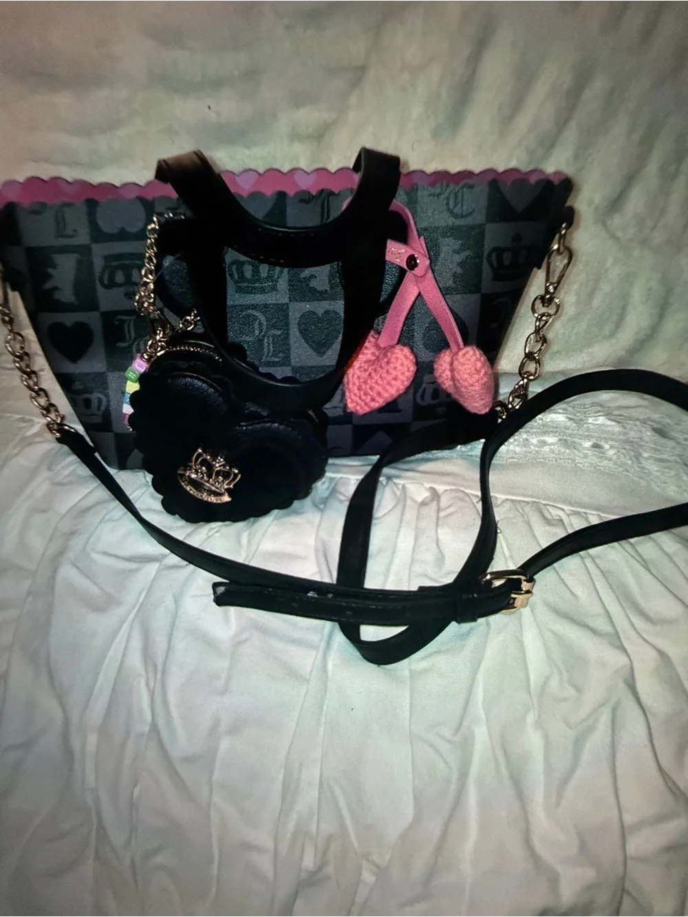Juicy Couture Black with Pink Trim Crossbody Bag and Heart Charm